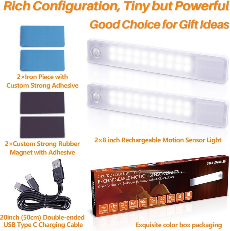 STAR-SPANGLED Under Cabinet Lighting Rechargeable, 8 inch Motion Sensor Lights Indoor Battery Operated, USB Stick on LED Magnetic Closet Light for Counter, Stairs, Kitchen, Cool White, 2 Pack - Image 4
